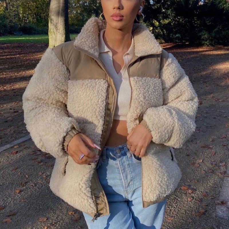 HighcollarZipfasteningContrastpanelsSidepocketspuffydownpufferjacketforsnowdays